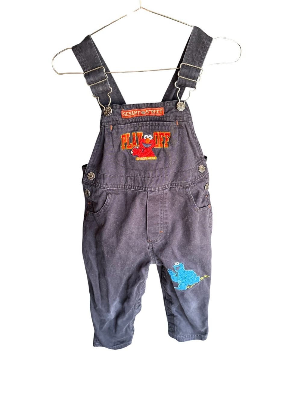 90s Vintage Sesame Street Black Overalls with Red Elmo and Blue Cookie Monster.